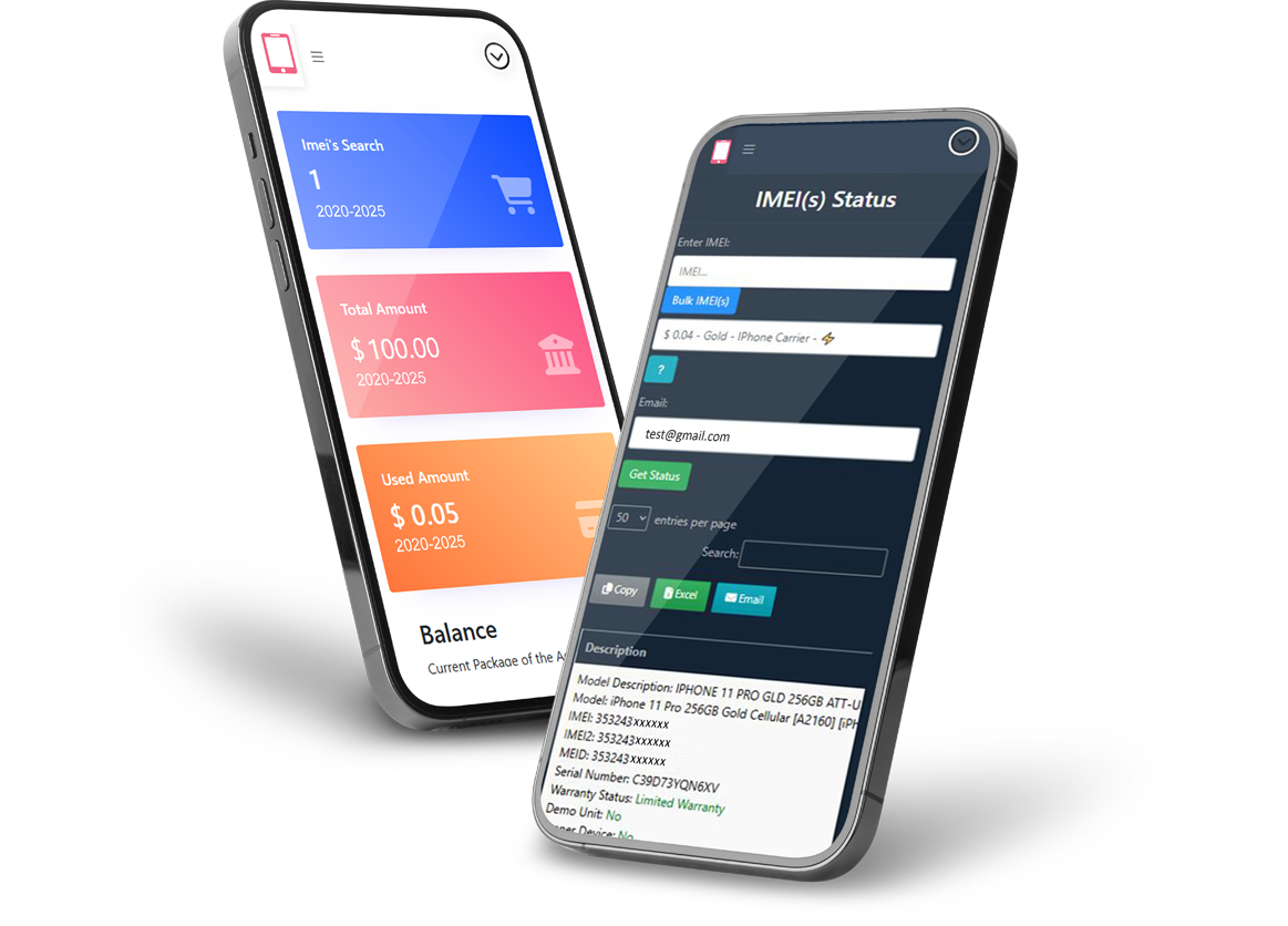 IMEI check report dashboard with phone status details