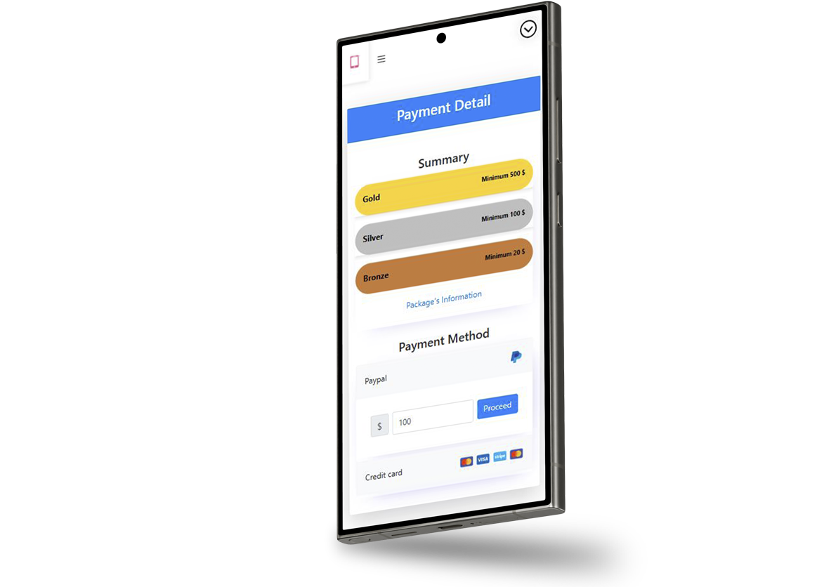 IMEI Sol payment package and PayPal screen